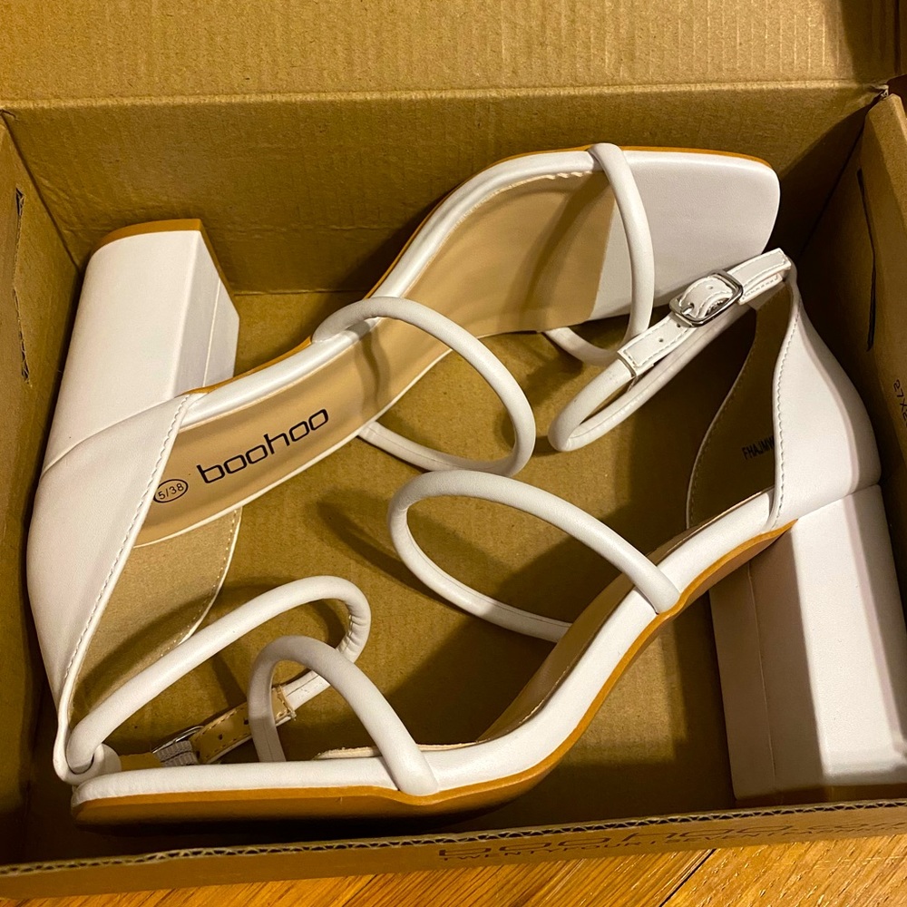 White Triple Strap BooHoo Heels